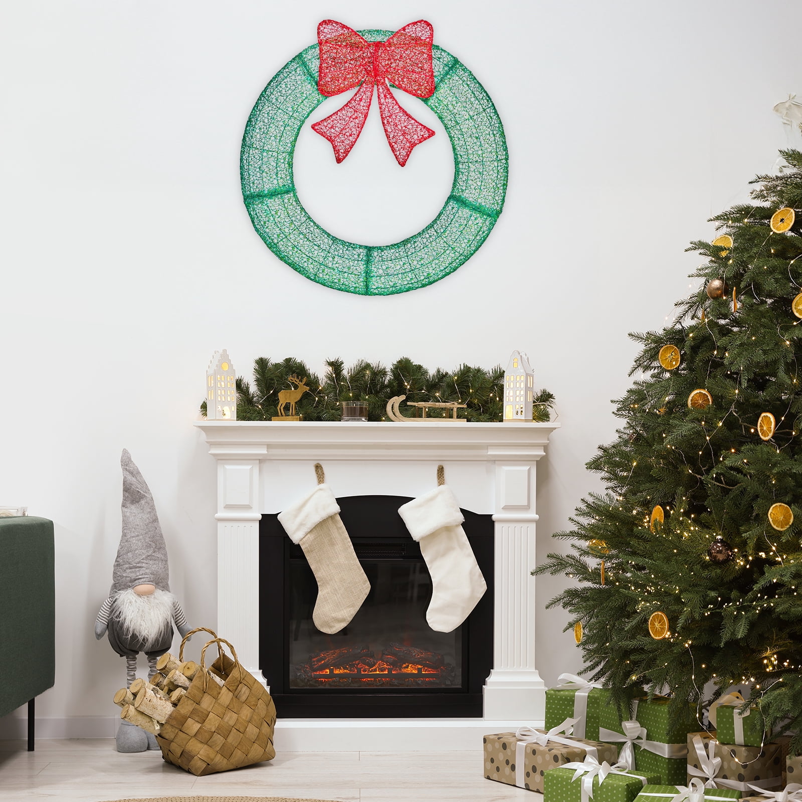 35.4" Pre-Lit Outdoor Christmas Wreath with Red Bow, 225 Red Green LED Lights Remote Control Timer Weather-Resistant Metal Frame for Indoor Outdoor Front Door Porch Gate Holiday Decor