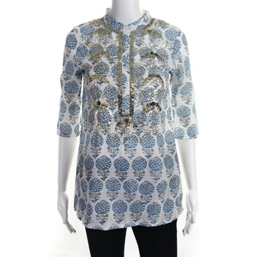 Foxcroft Nyc Women S Non Iron Stretch Poplin Printed Blouse M White Navy Walmart Com