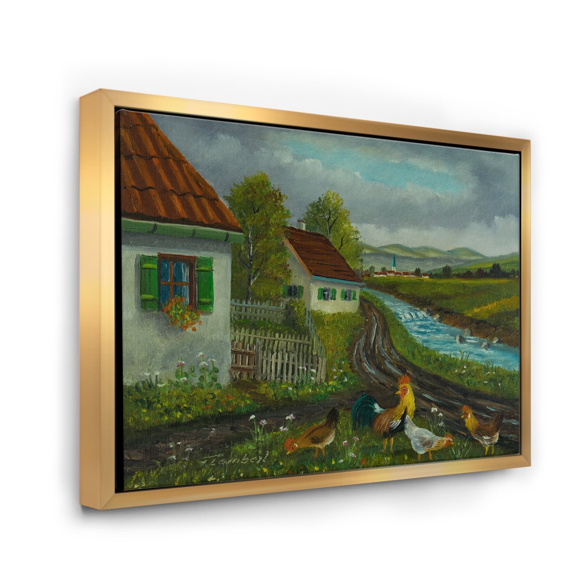 A Cock and Three Chickens In A Meadow With Flowers 32 in x 16 in Framed Painting Canvas Art Print, by Designart