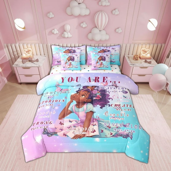 Afro Comforter Set 7 Piece Bed in a Bag Twin,Inspirational Quotes American African Princess Magical Bedding Sets Black Hair Sheet Set with Comforter