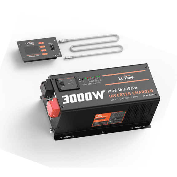LiTime 3000W Pure Sine Wave Inverter Charger, 12V DC to 110V - 120V AC, 9000W Peak Power, 5A - 45A Adjustable Current, with Remote Control Panel, UPS Function, for RV and Home Backup