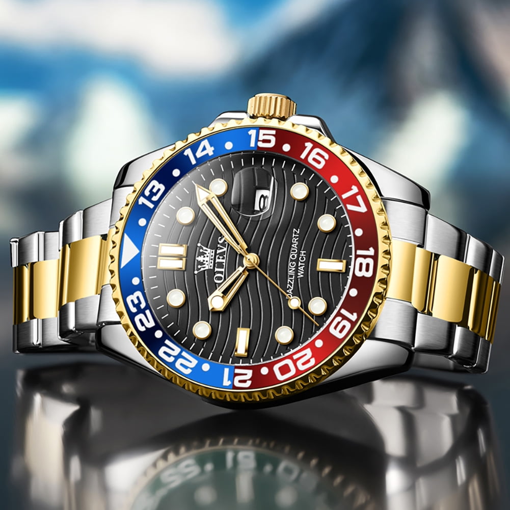 OLEVS Mens Watches, Silver Dress Gold Classic Luxury Big Large Face Waterproof Watches for Men, Analog Two Tone Stainless Steel Men Wrist Watch with Date Relojes De Hombre , Green/Blue/Black Dial