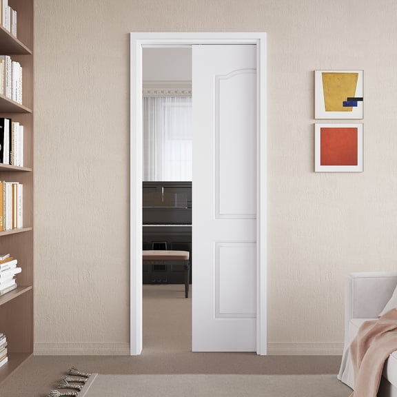 30" x 80" Arch Top 2 Panel Pocket Door with Soft Close, Molded Solid Core Door Panel & Pocket Door Hardware & Frame, Bathroom Door, Bedroom Door, Pre-finished & Paintable, White