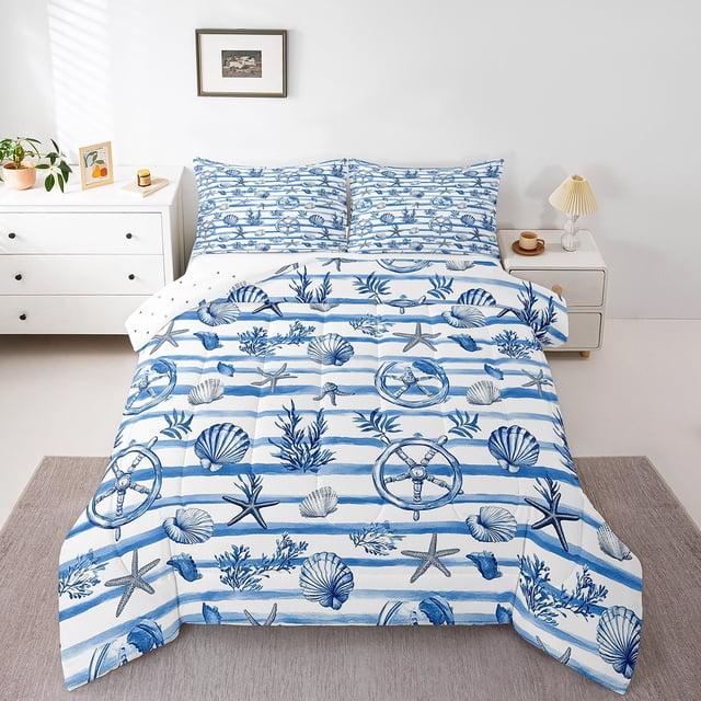 Erosebridal Hawaii Beach Starfish Bedding Full Comforter Set, Rudder Stripe Down Comforter, Nautical Home Decor, Reversible 3pcs