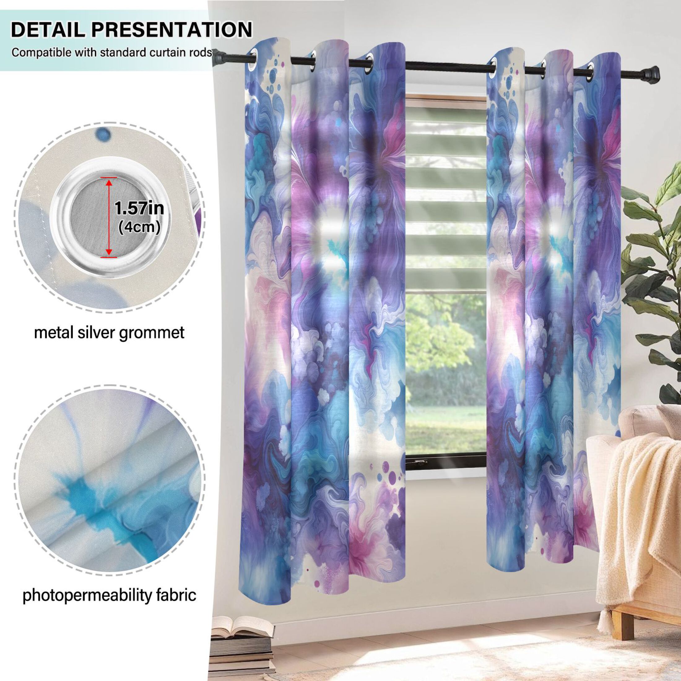 Blue and Purple Marble Faux Linen Curtains Semi Sheer 2 Panels Voile Sheer Drapes for Office Living Room 63x42in