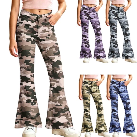 Spazoro Girls Flare Pants with Pockets, Camo Print High Rise Button Zip Loose Fit Lightweight Bell Bottom Trousers for Street Daily Wear Camouflage Size 9-10