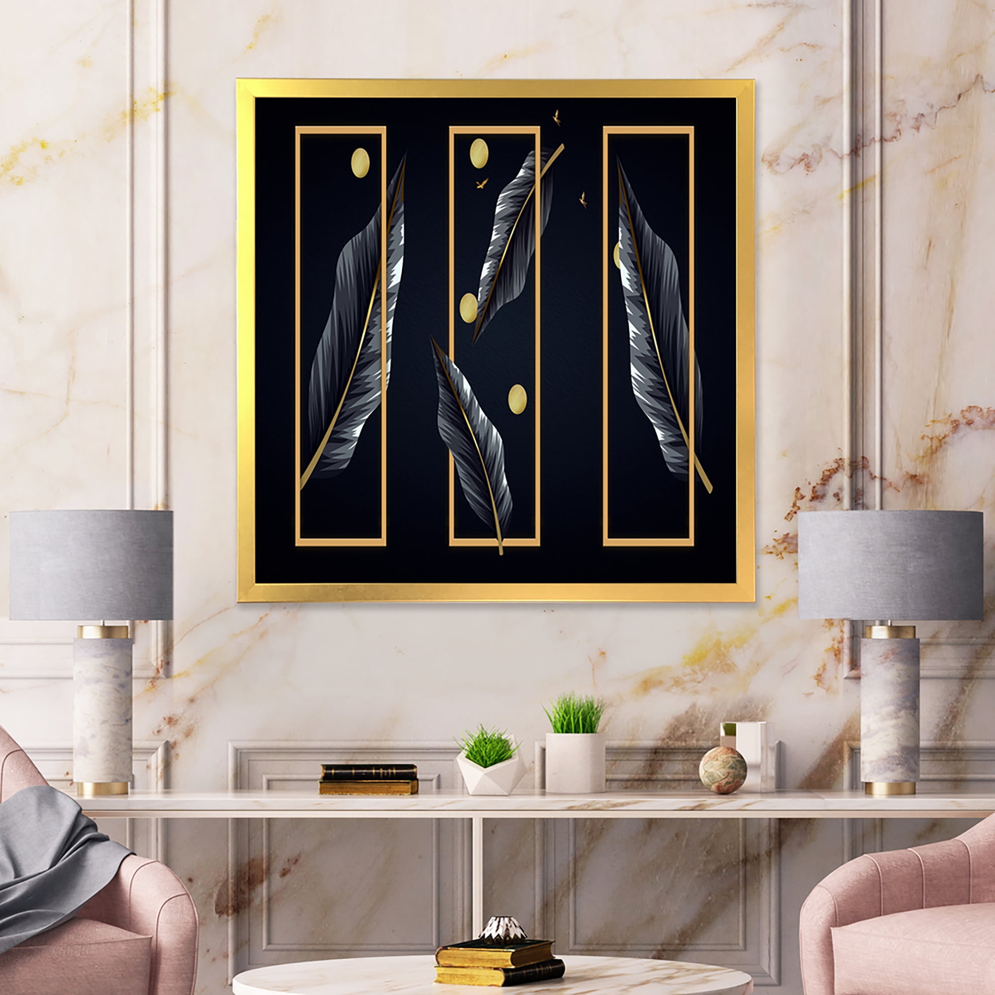 Designart 'Black Tropical Leaves Under Golden Rectangles' Modern Framed Art Print