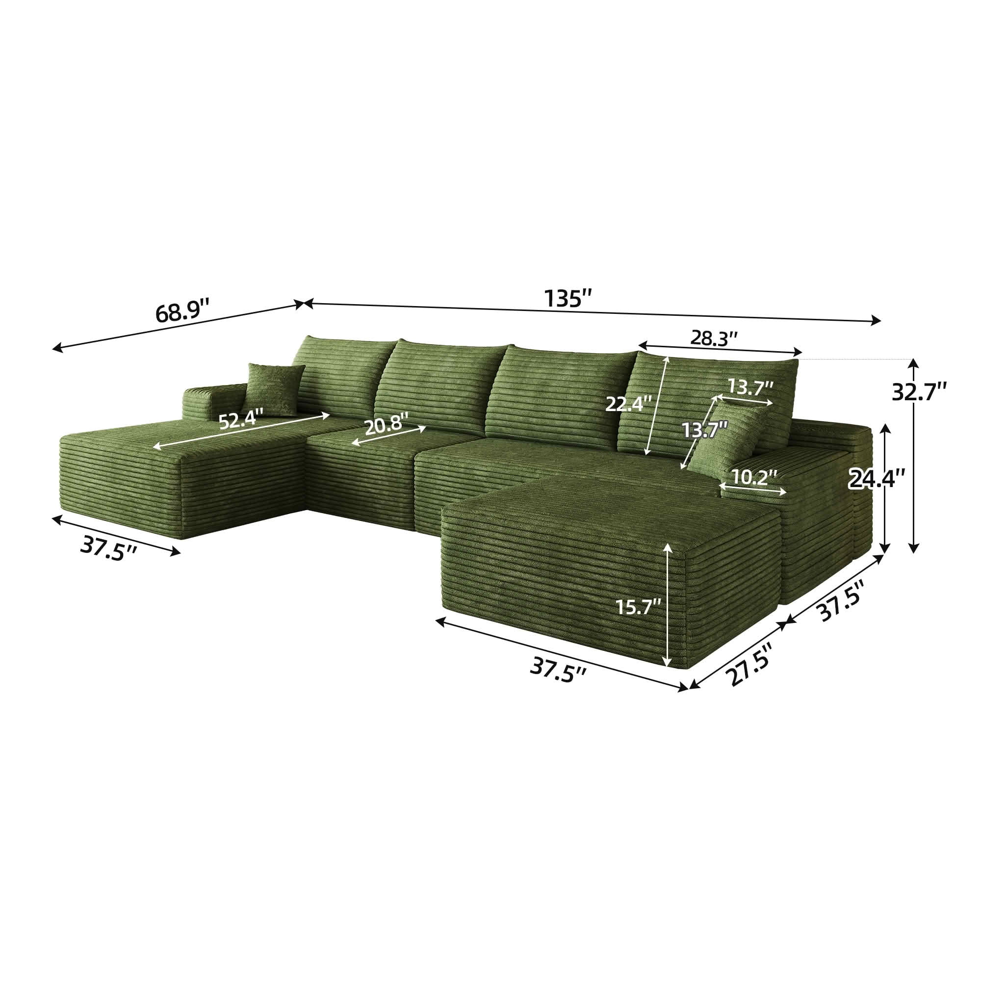 MAYEERTY 135" Cloud U-Shaped Sectional Sofa with 1 Ottoman, Plush Corduroy Deep Seat Modular Couch, No Assembly Minimalist Sofa for Living Room Apartment