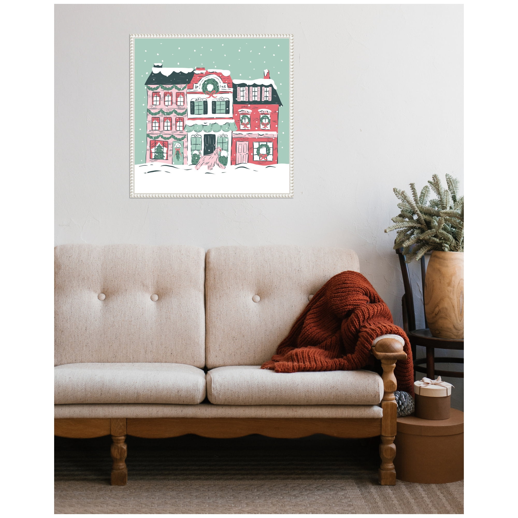 Kate and Laurel Framed Canvas Wall Art Print 'Snowy Christmas Village' by Krissy Mast, 22 x 22 Sylvie Beaded White Frame, Whimsical, Holiday Art for Wall Decor