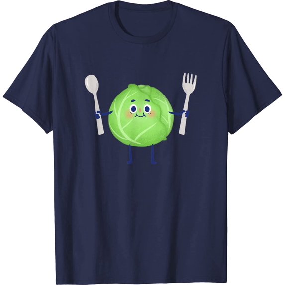 Cute Green Cabbage Vegetable Holding Fork and Spoon Standing T-Shirt