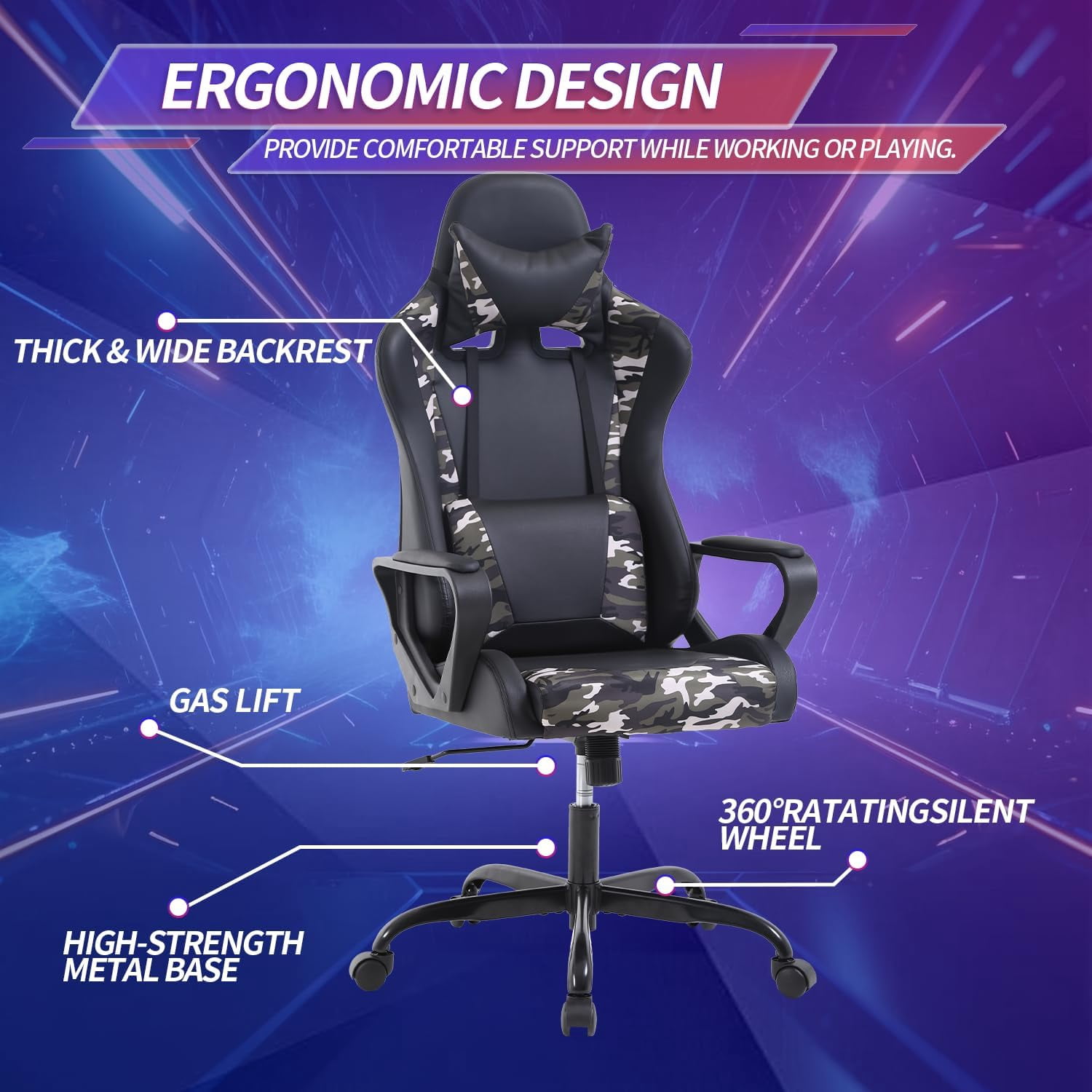 BIQWBIC Gaming Chair, High-Back Office Chair, Ergonomic Video Game Chairs with Adjustable Seat, Lumbar Support, Armrest, Headrest, Camo