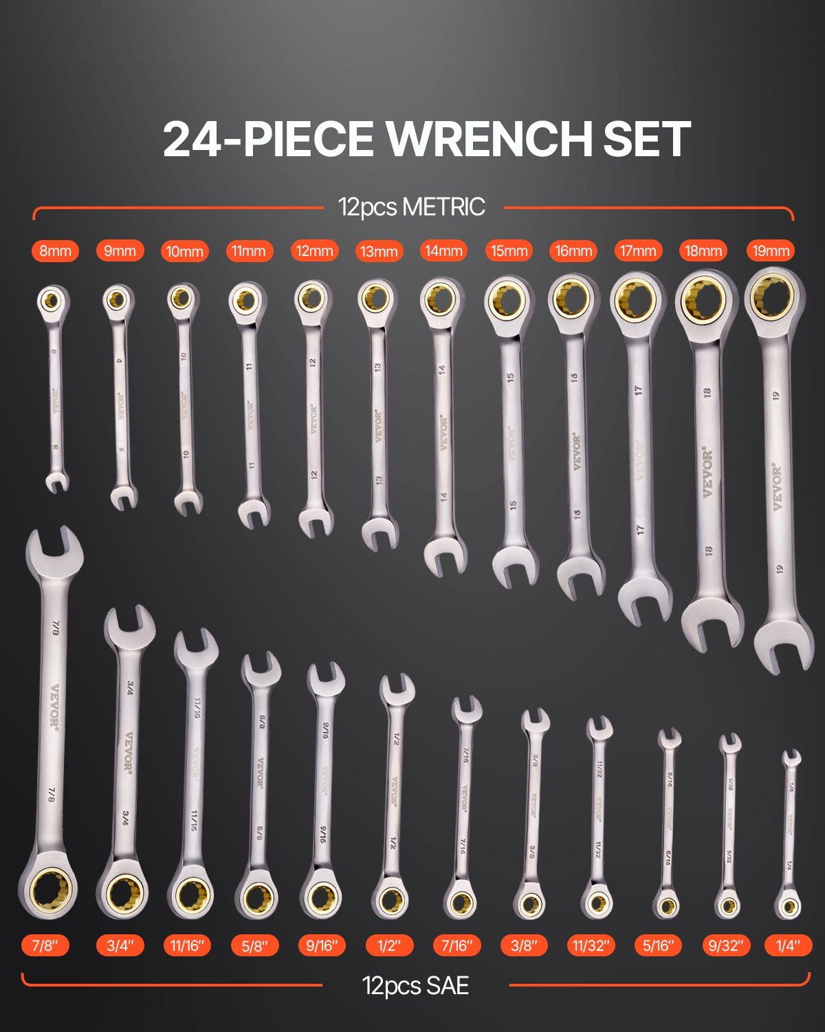 24-Piece Ratcheting Combination Wrench Set with Holder, Cr-V SAE & Metric Sizes (1/4"-7/8" & 8mm-19mm), Ideal for Automotive, Home, and Emergency Repairs