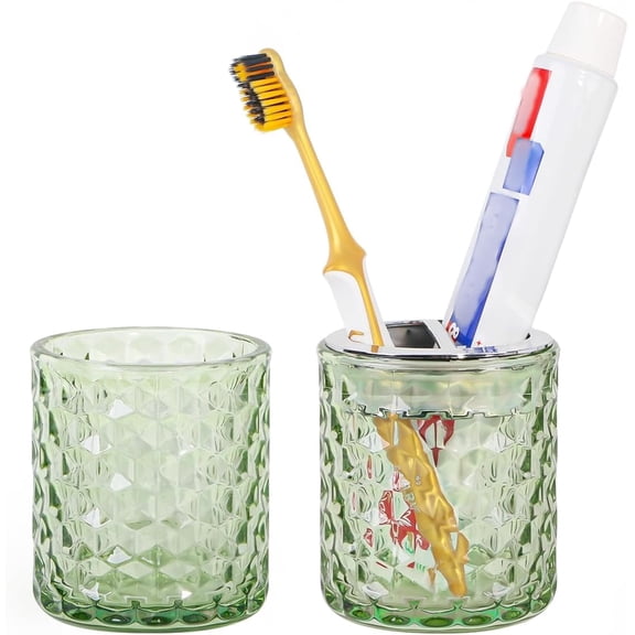 2pcs Toothbrush Holders for Bathrooms,Glass Toothbrush Holder and Bathroom Tumbler Set,Toothbrush and Toothpaste Holder with Divider,Bathroom Toothbrush Cup Holder (Green and Silver)