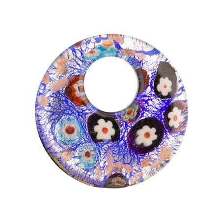 Murano Millefiori Flower Ring - Millefiori Glass Blue Base Round Lampwork Glass Pendant 52x7mm Handmade Murano Inner Flower And Lampwork Glass Pendant (3pcs Bundle), SAVE $2