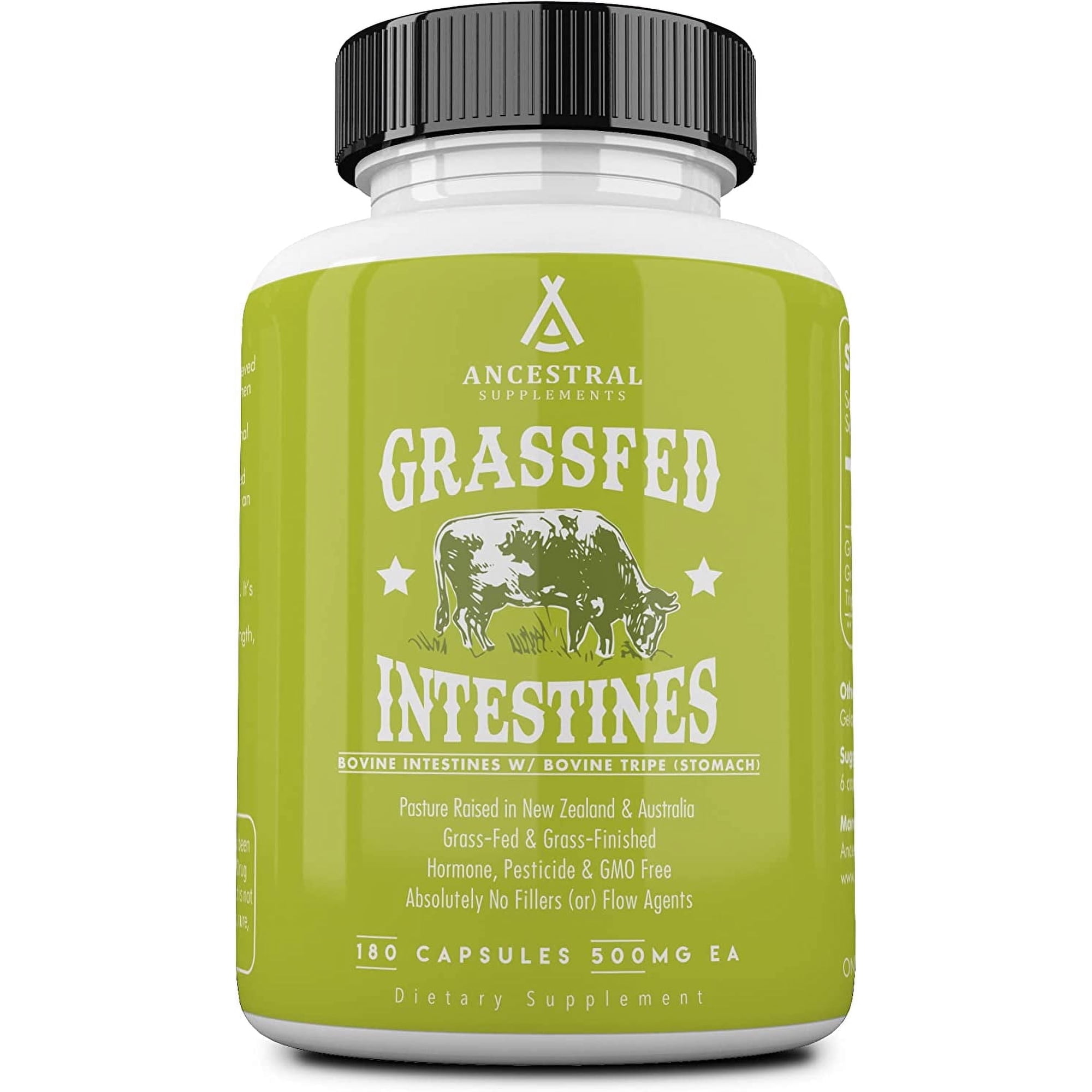 Ancestral Supplements Grass Fed Beef Intestines with Stomach (Tripe), Digestion Supplement for Acid Reflux and Gut, Intestine and Digestive Health, Non GMO, 3000mg 180 Capsules