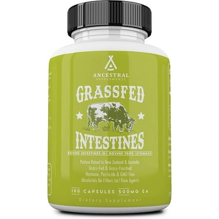 Ancestral Supplements Grass Fed Beef Intestines with Stomach (Tripe), Digestion Supplement for Acid Reflux and Gut, Intestine and Digestive Health, Non GMO, 3000mg 180 Capsules