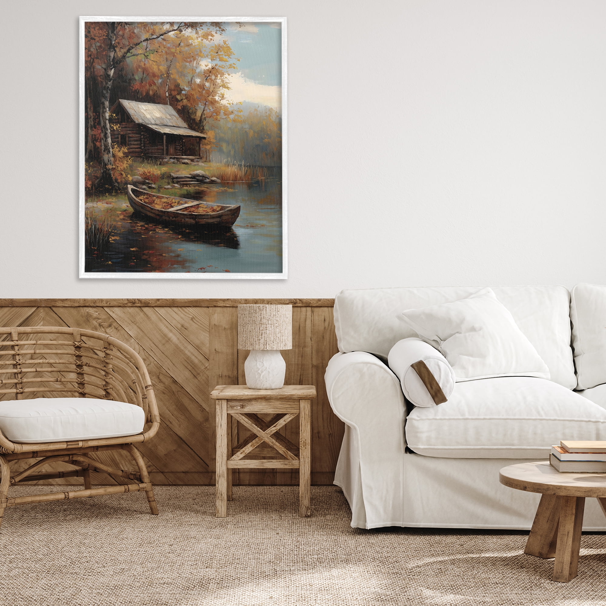 Autumn Cabin Canoe with Leaves White Framed Giclee Art, design by Arlington Prints