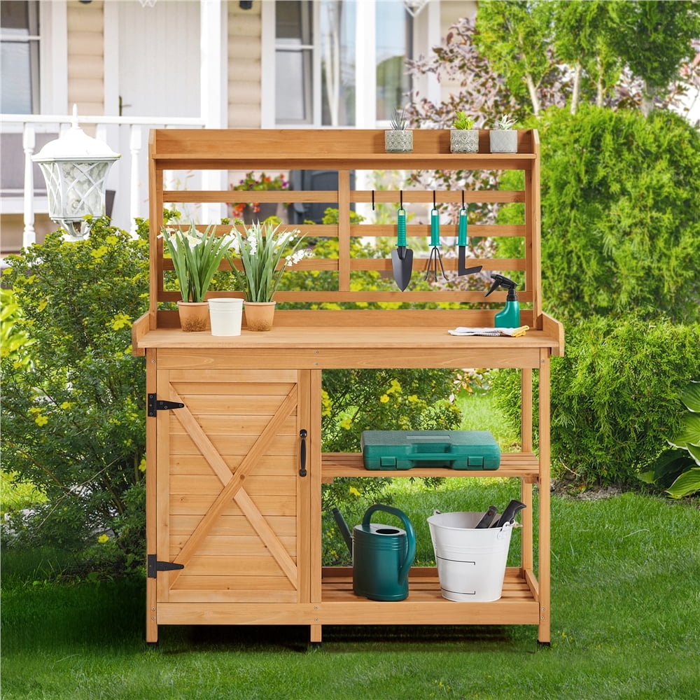 Renwick 4-layer Garden Work Bench with Cabinet & Open Shelf, Wood