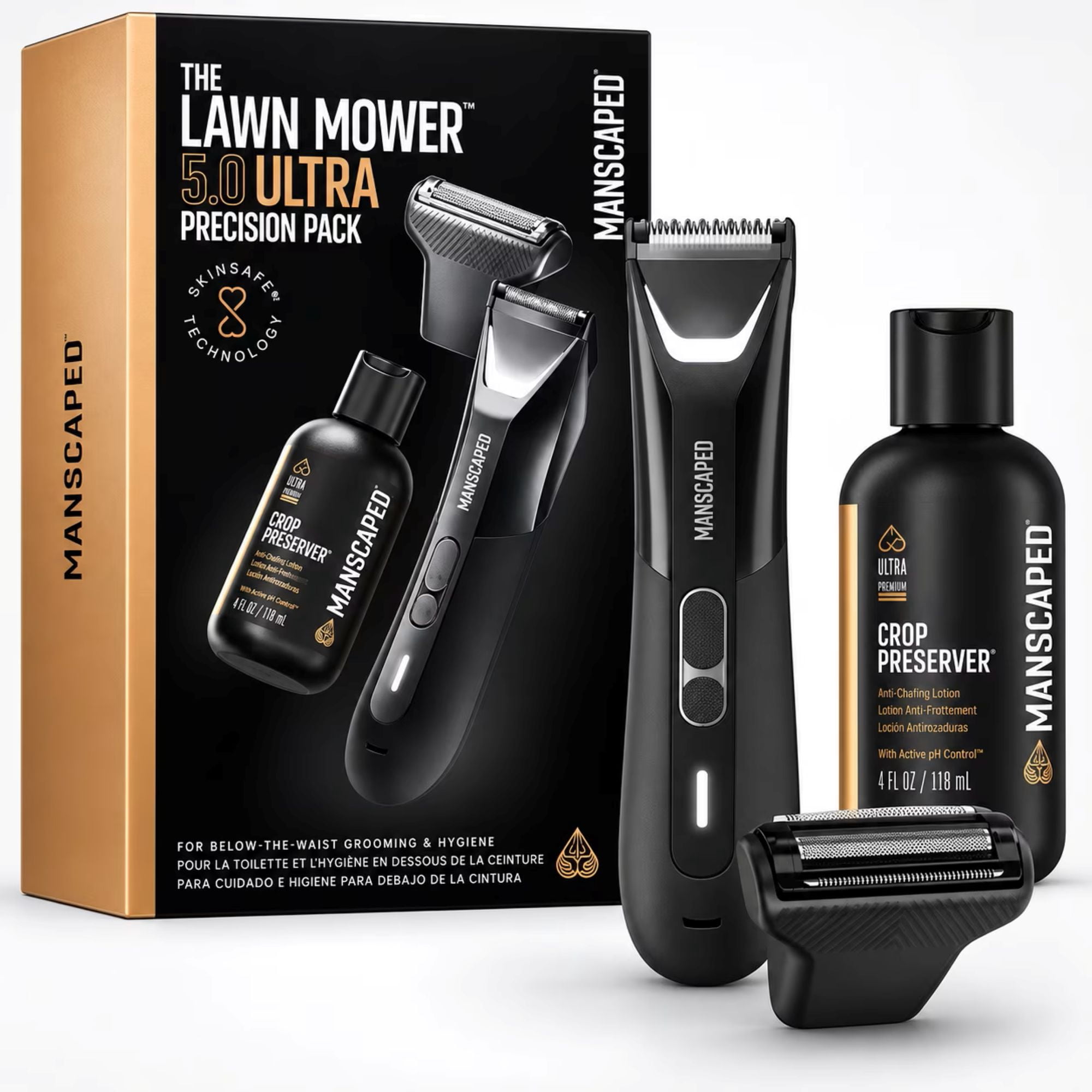 MANSCAPED® Lawn Mower® 5.0 Ultra Precision Pack Men's Groin Shaver SkinSafe® Body & Pubic Hair Trimmer with 4 fl oz Crop Preserver® Deodorant, Black