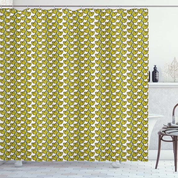 Yellow and Green Shower Curtain, Composition of Tulips with Coming of Spring Hand Drawn Petals, Fabric Bathroom Set with Hooks, 69W X 84L Inches Extra Long, Fern Green and Yellow, by Ambesonne