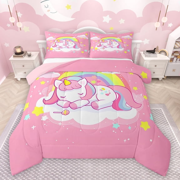 Feelyou Dreamy Unicorn Child Bedding Comforter Set, Cartoon Stars Rainbow Twin Comforter Sets, Girly Pink Animal Reversible Bedding Set, Lightweight Room Decor, 2 Pieces
