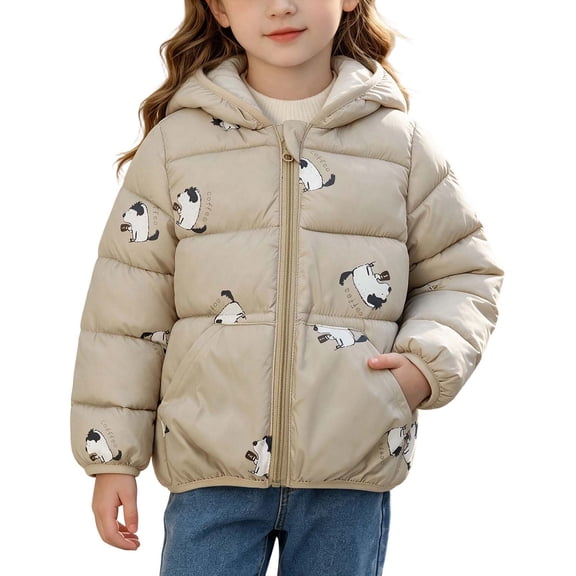 Fnooota Girls Puffer Jackets, Long Sleeve Zipper Hooded Warm Winter Outerwear with Pockets Brown Size 4-5 T