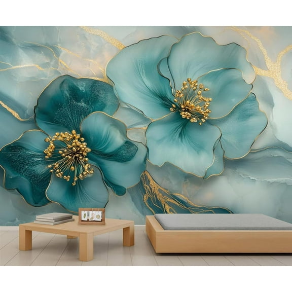 Modern Green Flowers Wall Mural, Luxury Marble Mural Wallpaper, Abstract Gold Foil Art Large Wallpaper For Bedroom Living Room Dining Room Wall Decor 55"W x 28"H (Not Peel and Stick)