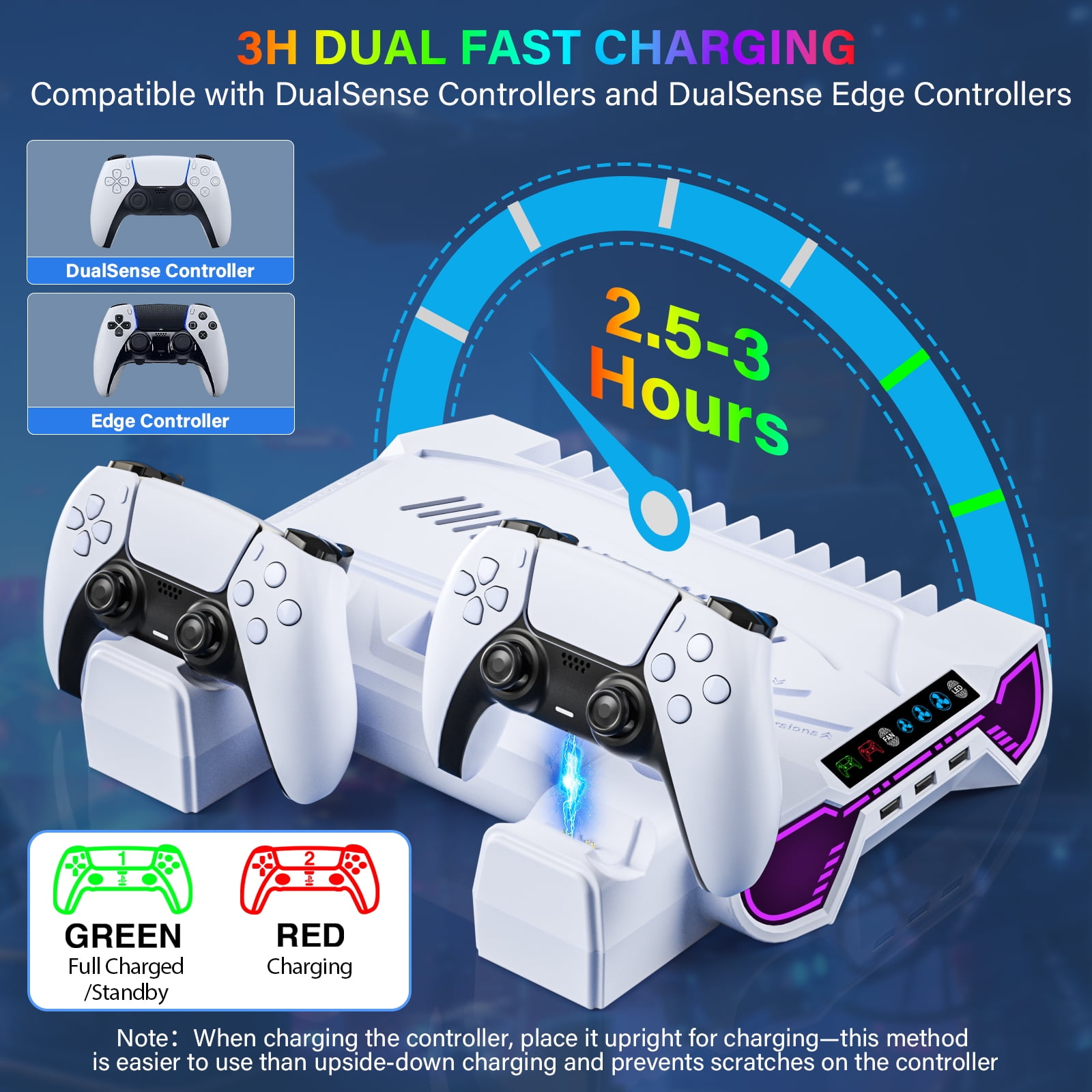 PS5 Stand with Cooling Fan, PS5 Cooling Station with Dual Controller Charging Station,PS5 Accessories for PS5 Standard Edition & Slim Edition & Pro Edition consoles - 3 Levels Fan & 3 USB Hubs,White