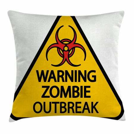 Zombie Decor Throw Pillow Cushion Cover, Warning Zombie Outbreak Sign Cemetery Infection Halloween Graphic, Decorative Square Accent Pillow Case, 18 X 18 Inches, Earth Yellow Red Black, by Ambesonne