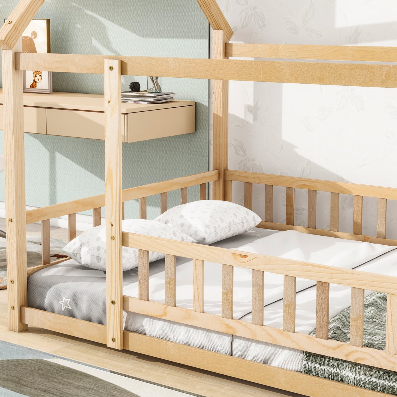 Full Size Floor Bed Frame with Roof, Wooden Montessori Bed with Fence Guardrails, No Slats Included, Natural