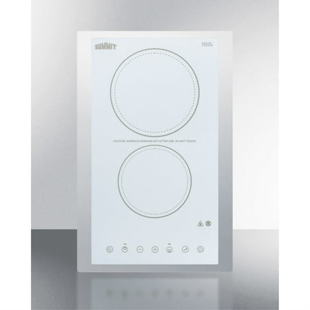 230V 2-burner cooktop in white ceramic Schott glass with digital touch controls and stainless steel frame to allow installation in 15  counter cutouts  3000W