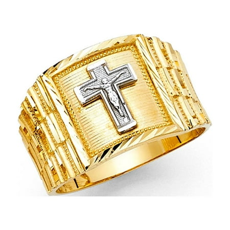 Big Jesus Cross Square Ring Solid 14k Yellow White Gold Mens Large Crucifix Band Two Tone 14MM Size 11