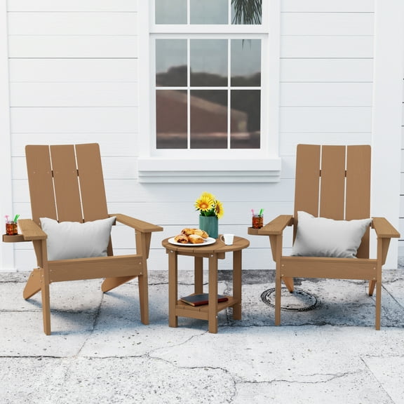 WINSOON Cup-Holder Adirondack Chair and Table Set 3 PCS Outdoor Patio Chairs, Teak Finish