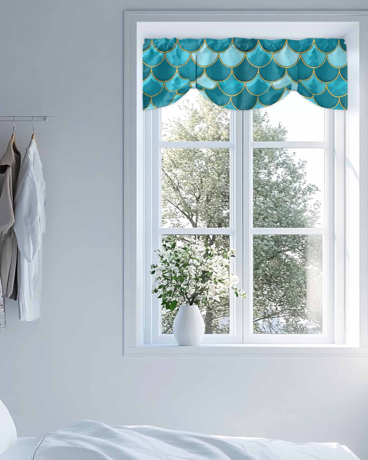 Turquoise Fish Scales Tie Up Valances Curtain, Adjustable Kitchen Ombre Fish Tail Abstract Art Vintage Valances for Windows Decor, Rod Pocket Short Curtains Set for Bedroom/Bathroom, 54"x18"