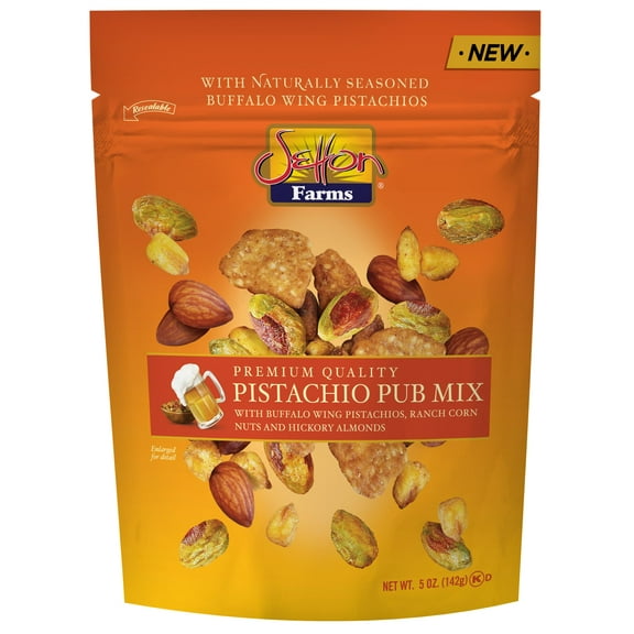Setton Farms Pistachio Pub IEF31 Mix 5 Oz. Bag. With Buffalo Wing Pistachios, Ranch Corn Nuts, Honey Roasted Sesame Chips and Hickory Almonds.