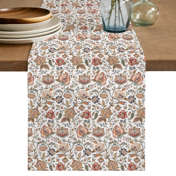 Fall Floral Table Runner, Country Vintage Botanical Brown Flowers Green Leaf Cotton Linen Table Cloth, Tablerunner for Kitchen Dining Party Wedding Home Decor 13x90 Inch