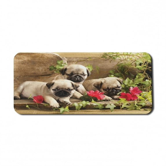 Pug Computer Mouse Pad, Sibling Puppies with Floral Arrangement in Front Wooden Backdrop, Rectangle Non-Slip Rubber Mousepad X-Large, 35" x 15" Gaming Size, Fern Green Eggshell, by Ambesonne