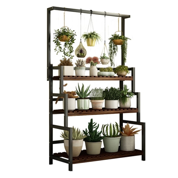 3-Tier Floor Standing Indoor&Outdoor Metal Plant Holder Black Hanging Plant Stand Living Rooms Foyers Bedrooms