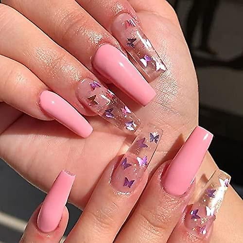 Uñas de color rosa, uñas largas y cuadradas postizas, uñas postizas, uñas con brillo de mariposa y lentejuelas acrílicas, uñas postizas, uñas de bailarina compatibles con mujeres y gir Afortunado Sencillez