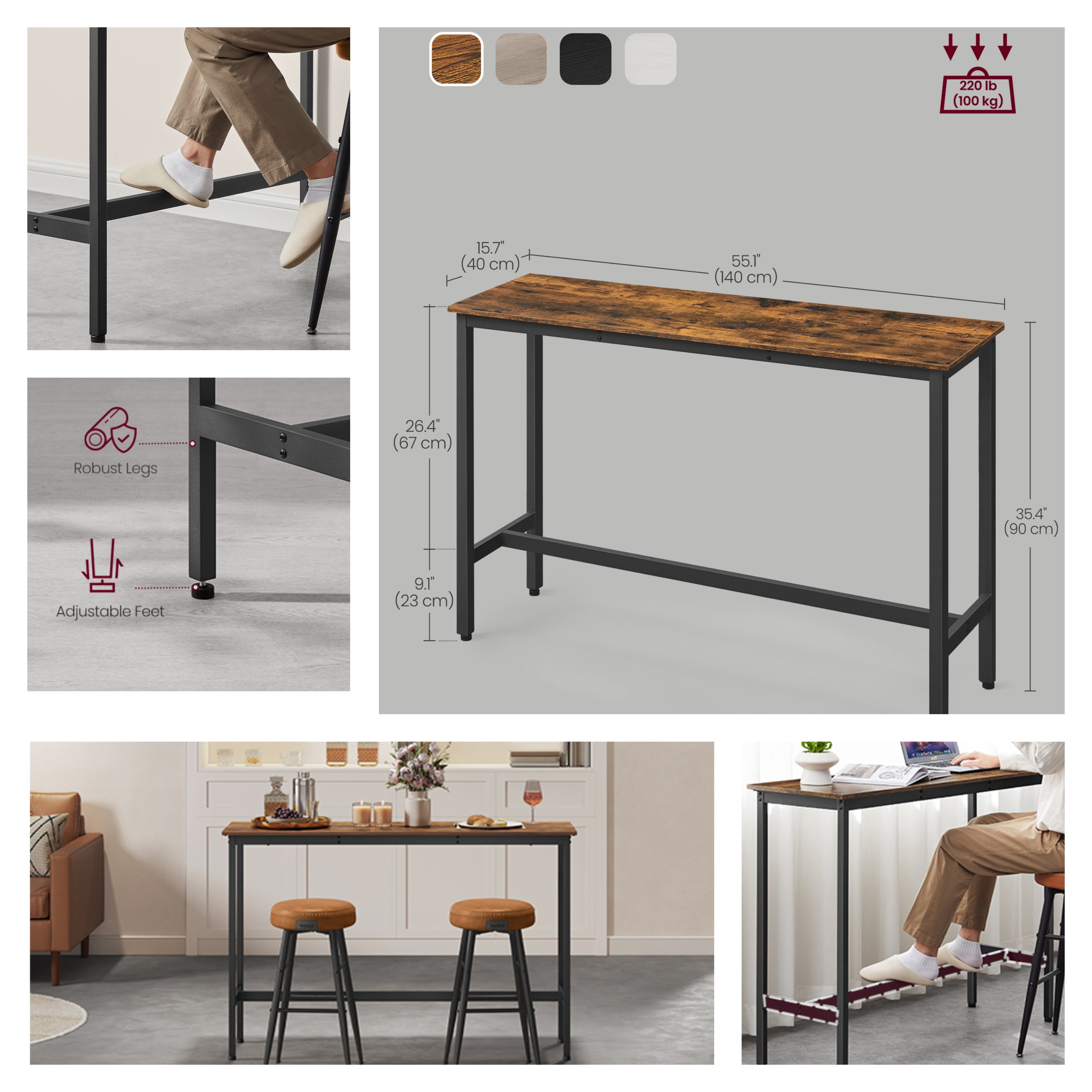 LEDREM Industrial Narrow Bar Table - 55.1" Long Kitchen Dining Table with Metal Frame & Adjustable Feet, Space-Saving Design, Rustic Brown and Black
