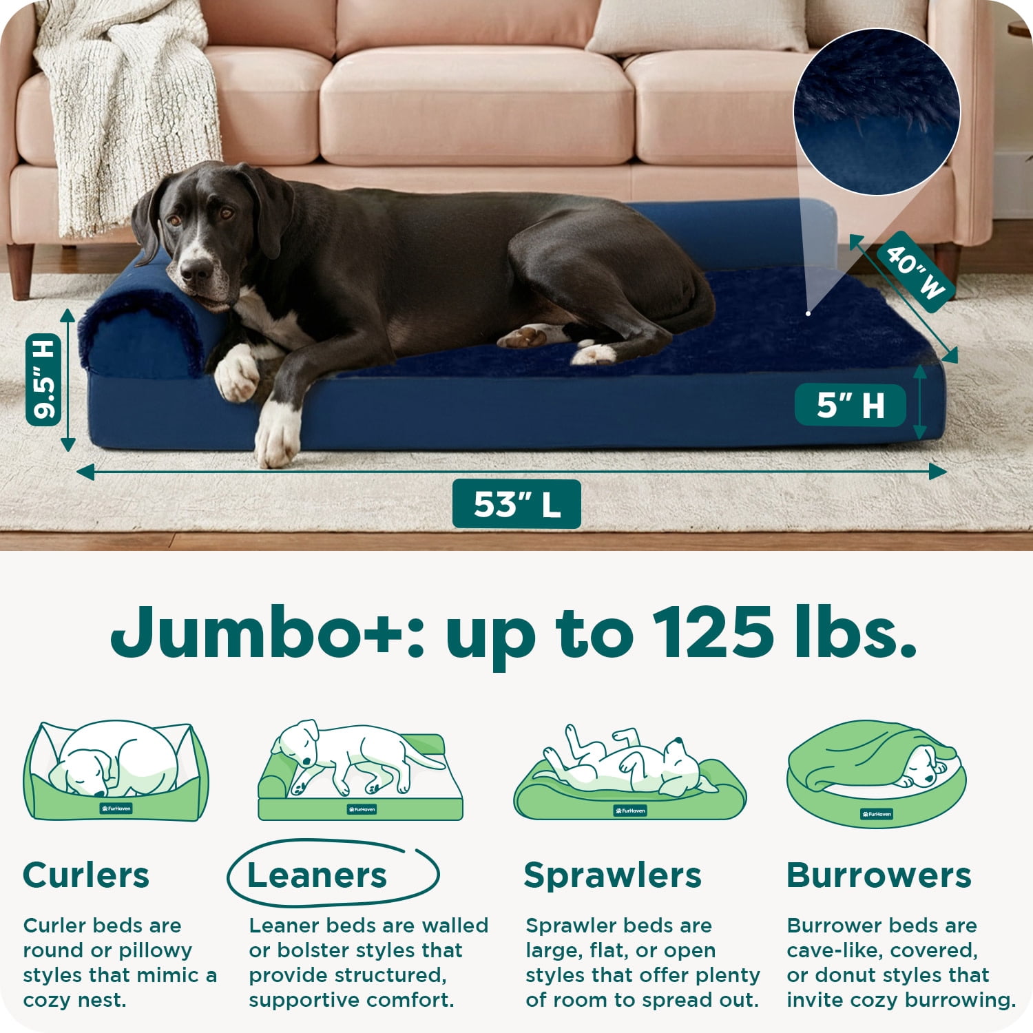 FurHaven Orthopedic Dog Bed for Large Dogs, L-Shaped Chaise Mattress, Solid Orthopedic Foam Slab for Joint Support, Removable Washable Cover, Jumbo Plus XXL, Plush & Velvet, Deep Sapphire