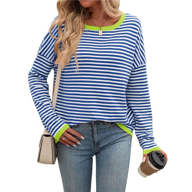 Suéteres de Mujer de Larga, Cuello Redondo, Rayas de Colores, Suéteres Casuales de Punto Azul S