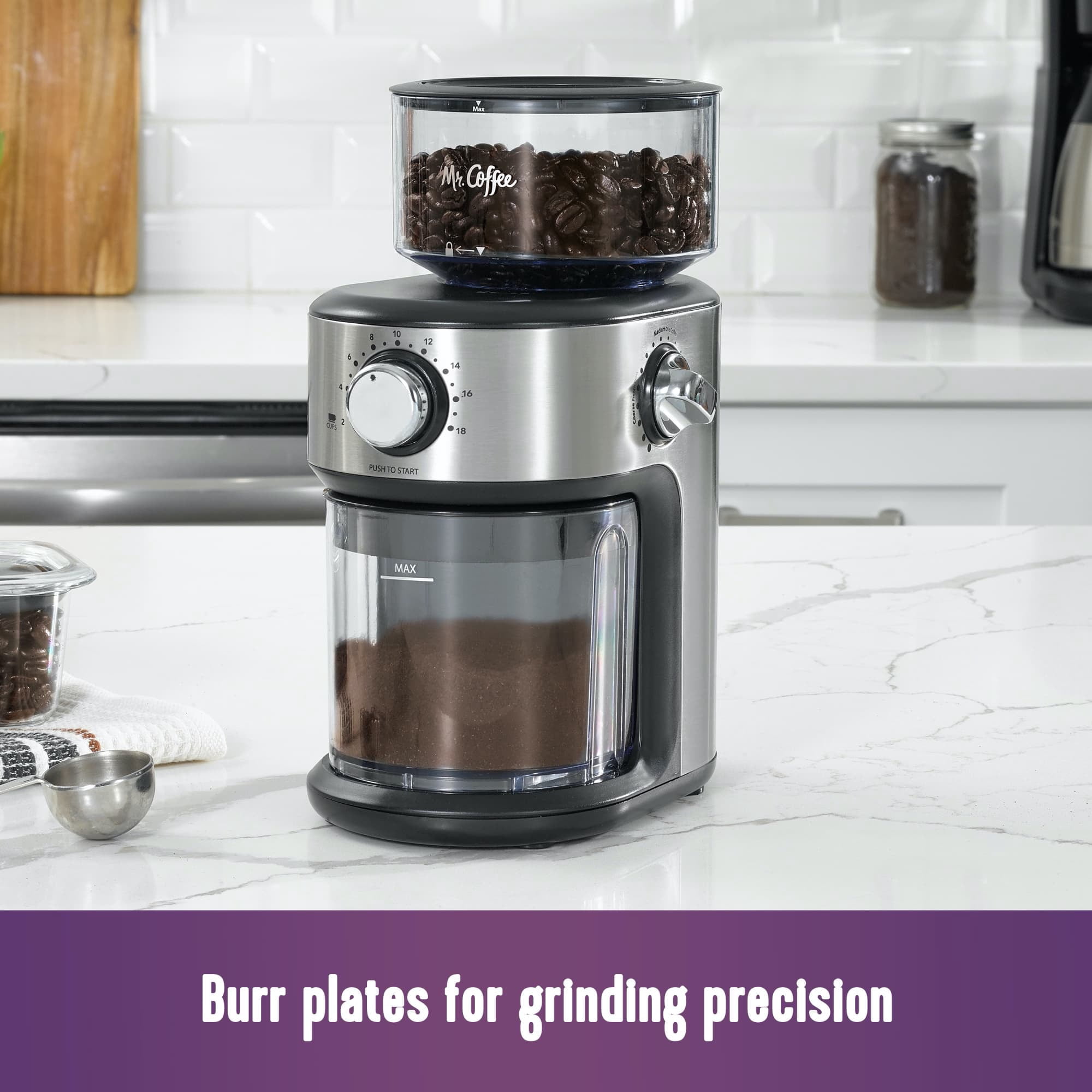 Mr. Coffee Cafe Grind 18 Cup Automatic Burr Grinder with Removable Bean Hopper and Grind Chamber | Stainless Steel