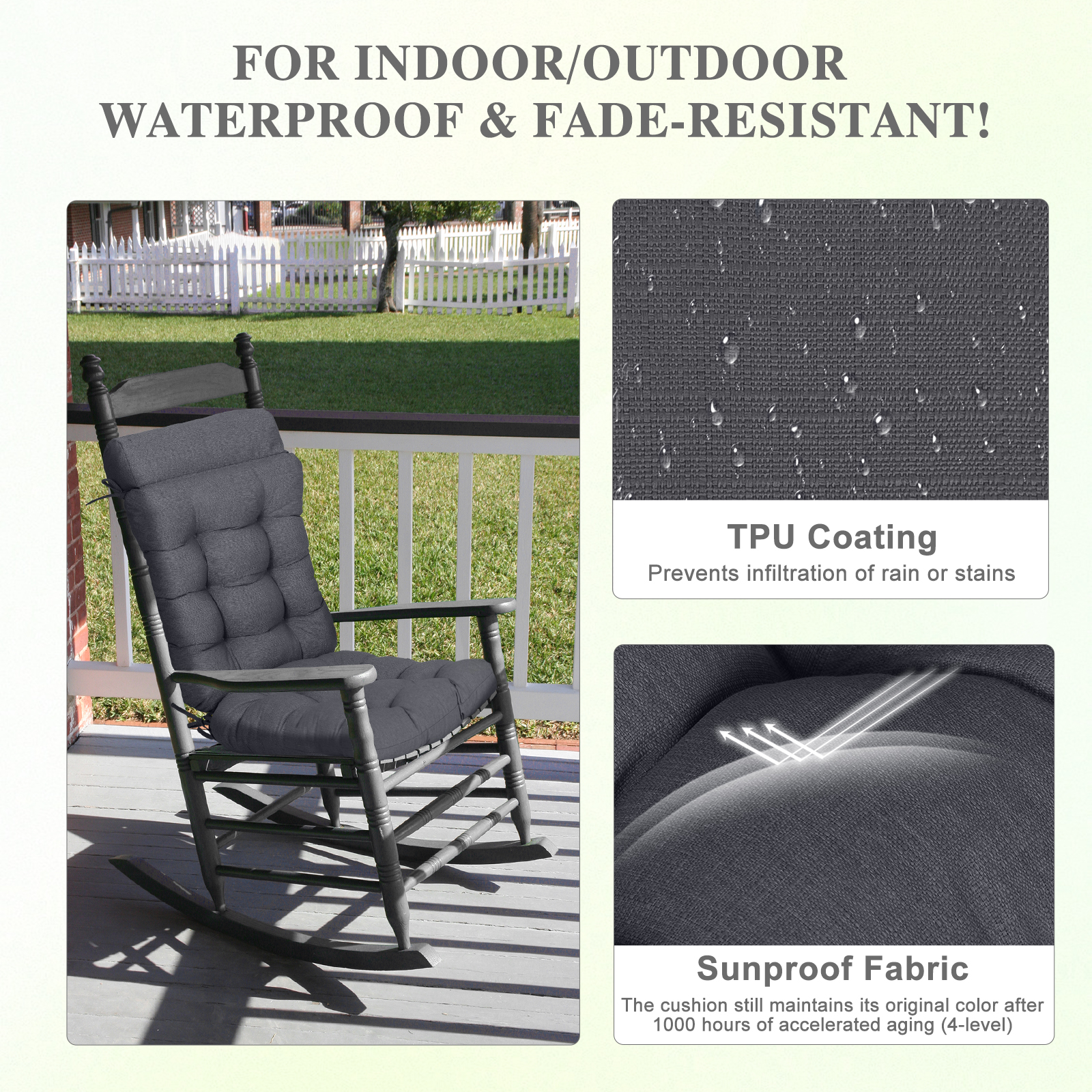 BPS Outdoor Patio Rocking Chair Cushion, Waterproof Fade-Resistant High Back Cushions, Tufted Pads with Ties, Set of 2, Dark Gray