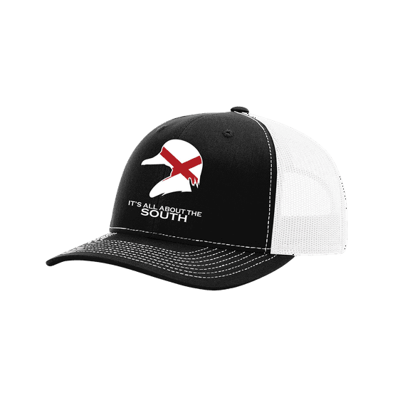 It's All About The South Alabama State Flag Filled Wood Duck Mesh Back Trucker Hat-Black/White