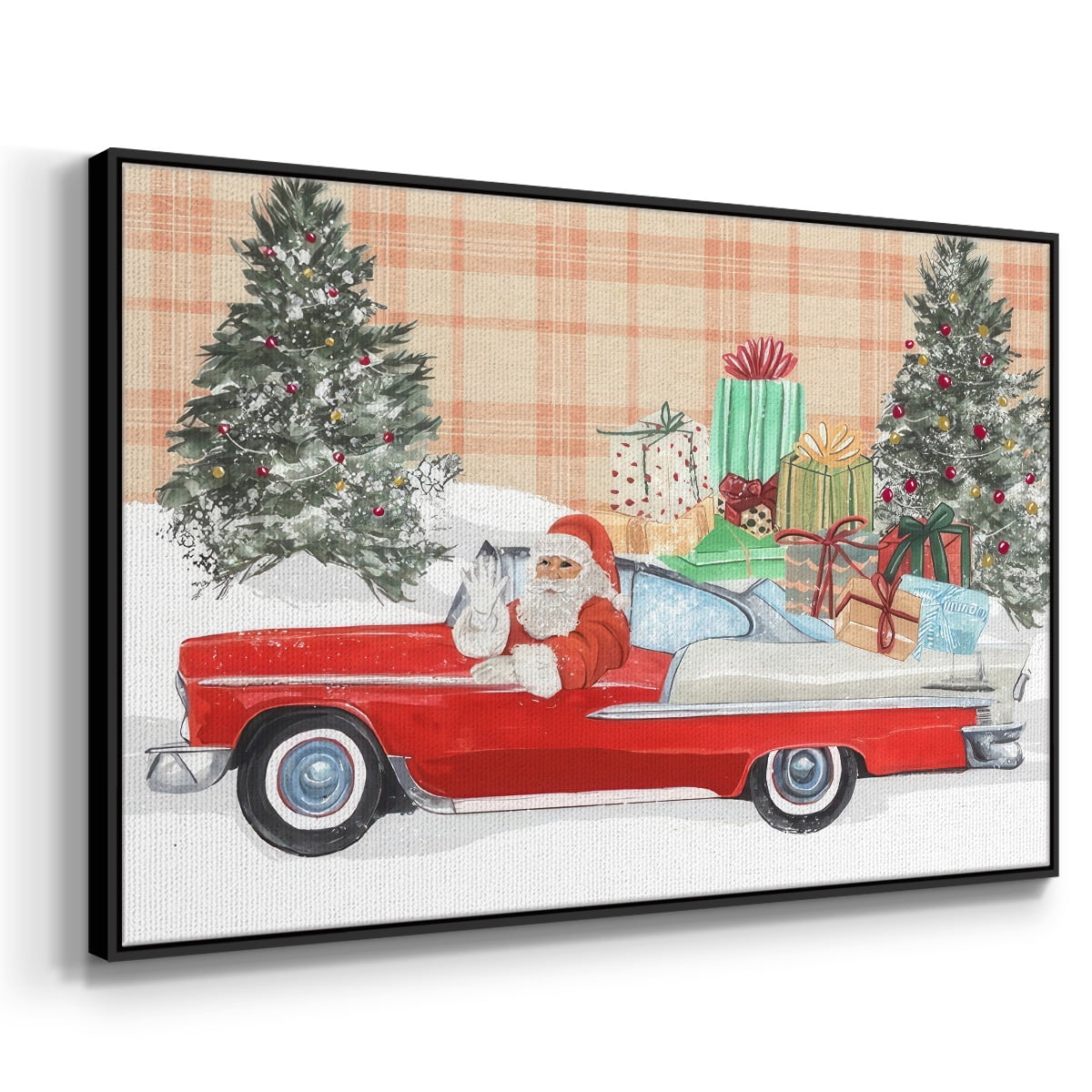 Santa on Wheels Collection A - Framed Gallery Wrapped Holiday Canvas - 17 x 25 - Black Frame