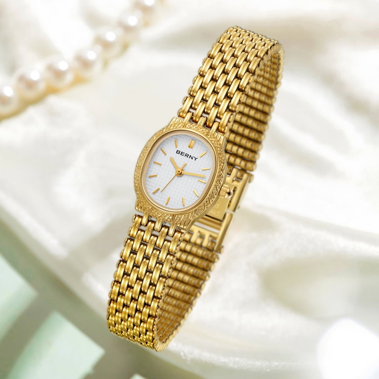Vintage Oval Gold Wrist Watch for Women, Waterproof Elegant Bracelet Watch, BERNY Small Gold Watches for Women, Dainty Vintage Oval Dial  main image 3