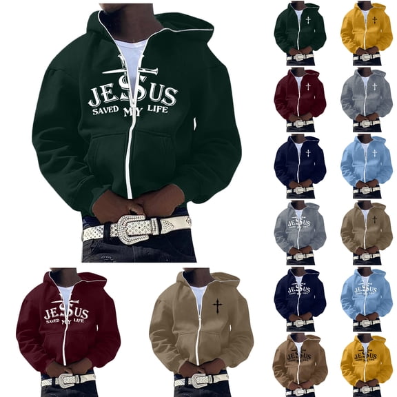 Jesus Hoodie for Men Vintage Cross Print Long Sleeve Zip Up Hoodies Casual Fall Winter Hooded Jacket Streetwear Relaxed Fit Hoodies Men
