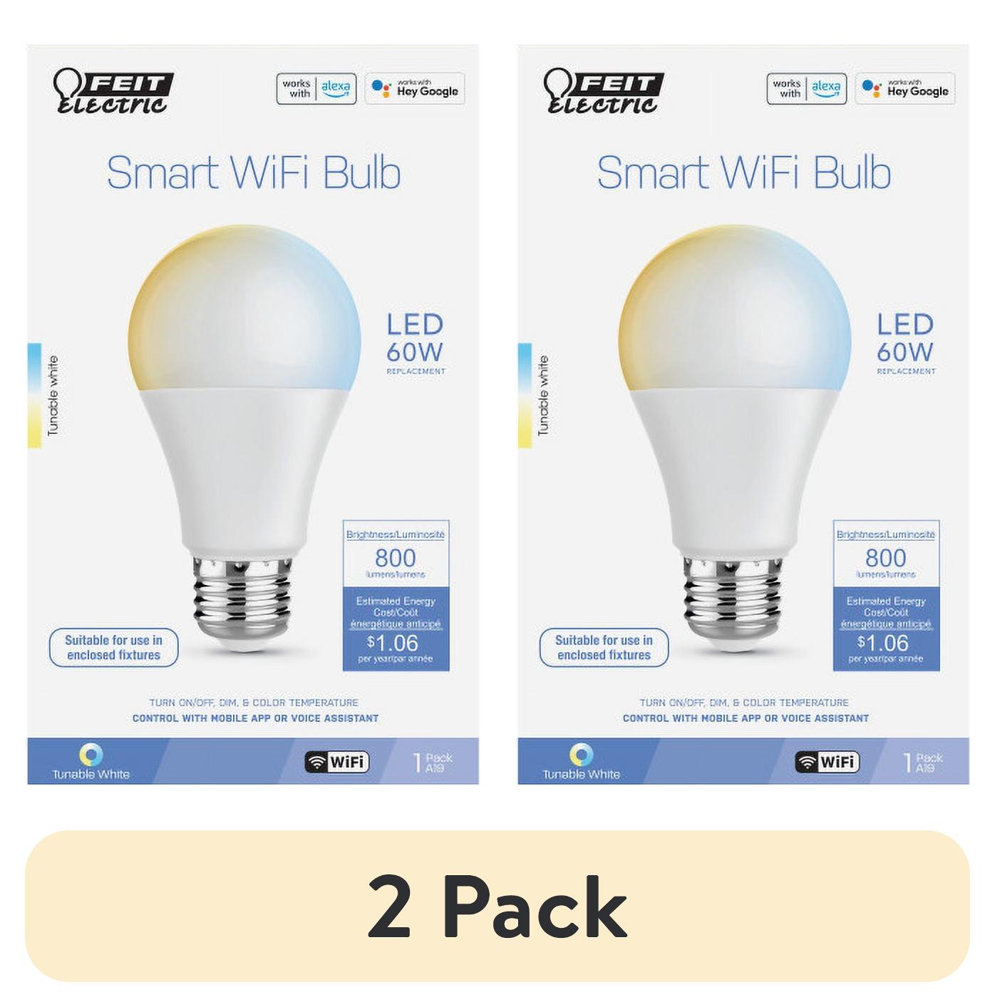 (2 pack) Feit Electric 8.8W (60W Replacement) Tunable White E26 Base A19 Smart WiFi LED Light Bulb