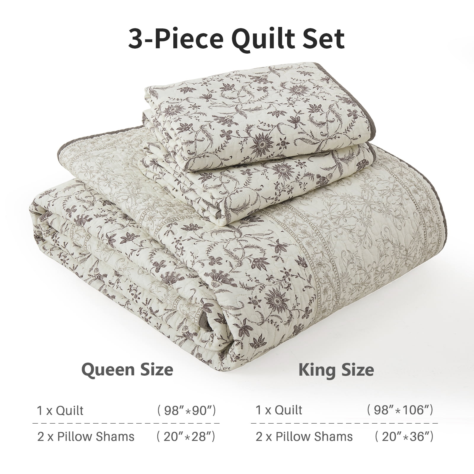 DDUOXIN Floral Beige Queen Size Quilts - 100% Cotton Queen Size Bedspread Quilt Set, Flower Quilted Bedspreads for Queen Bed, Lightweight Reversible Bedding Set for All-season, Purple/Beige Brown